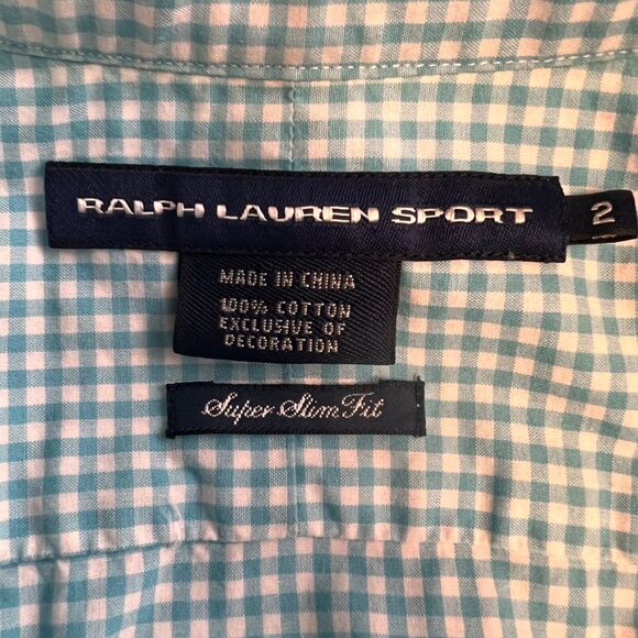 Ralph Lauren Size 2 Sport Super Slim Fit Shirt Blue White Gingham Button Front - Picture 7 of 8